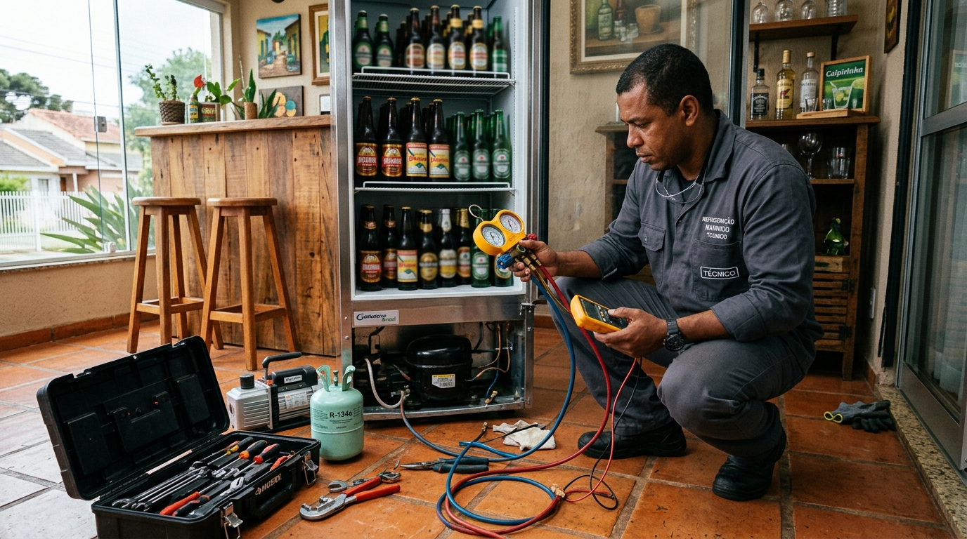 Técnico realizando manutenção de motor de cervejeira em Mogi das Cruzes‑SP
