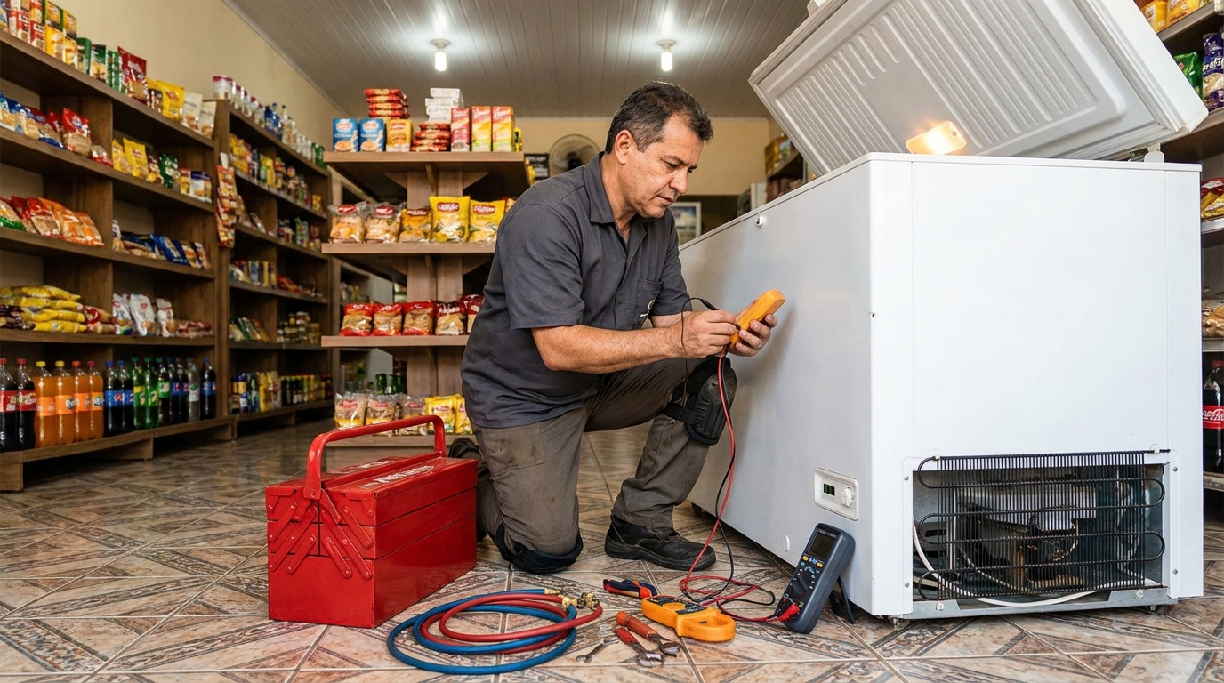 Recarga de gás refrigerante em freezer em atendimento em Mogi das Cruzes‑SP
