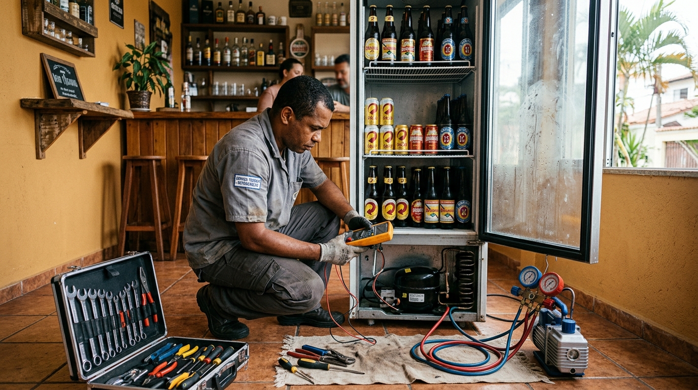 Troca de termostato de cervejeira em atendimento técnico em Mogi das Cruzes‑SP